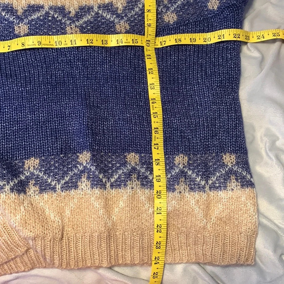 100% mohair tan blue white womens size large crew neck sweater Scandinavian knit - Picture 7 of 9